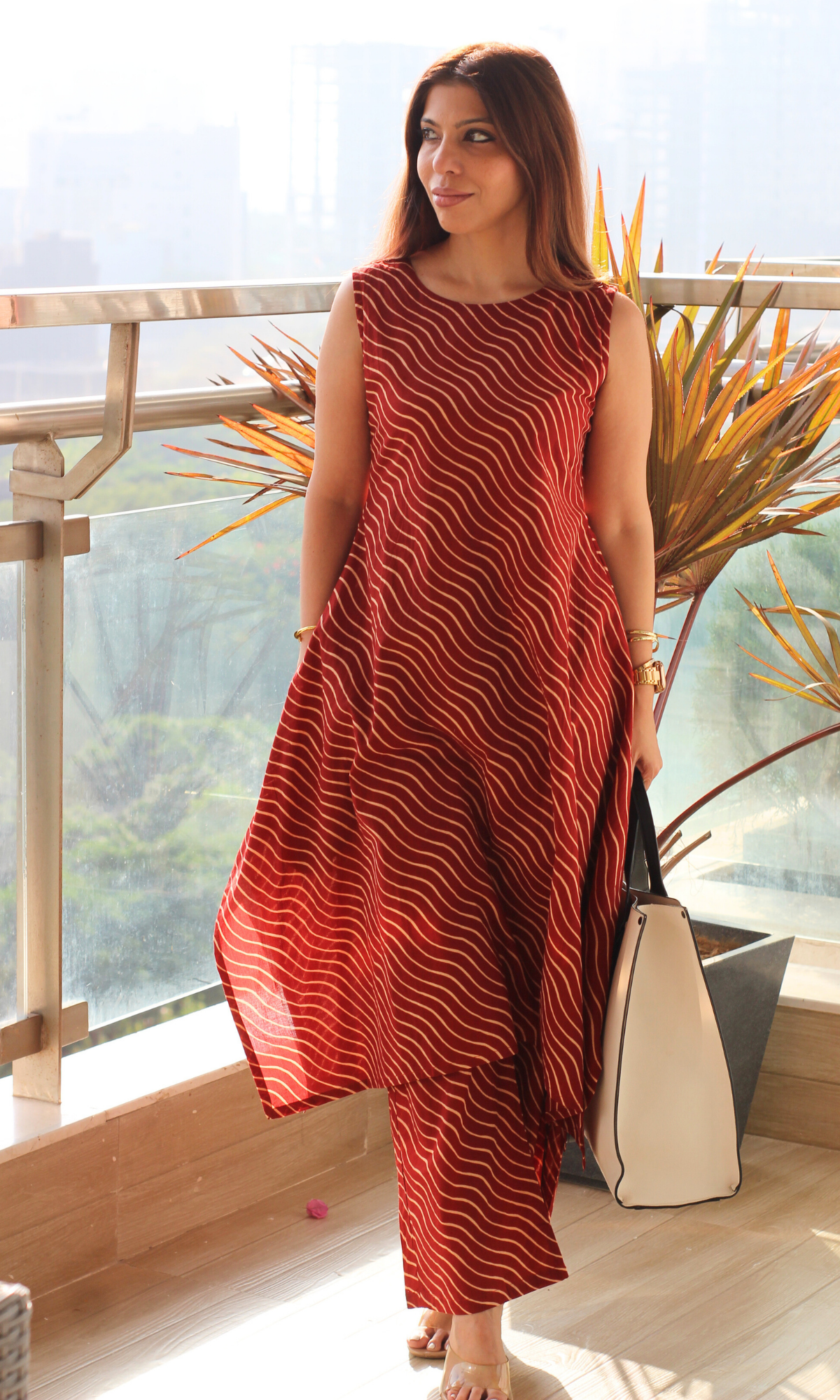 Cotton Red Wave Print High Neck High Low Sleeveless Co-ord