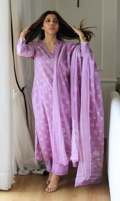 Lilac Lily Block Print Kurta, Dupatta & Cotton Pants
