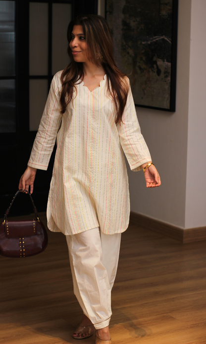 Ivory Cotton Lurex Rainbow striped Kurta with Pleated Pants