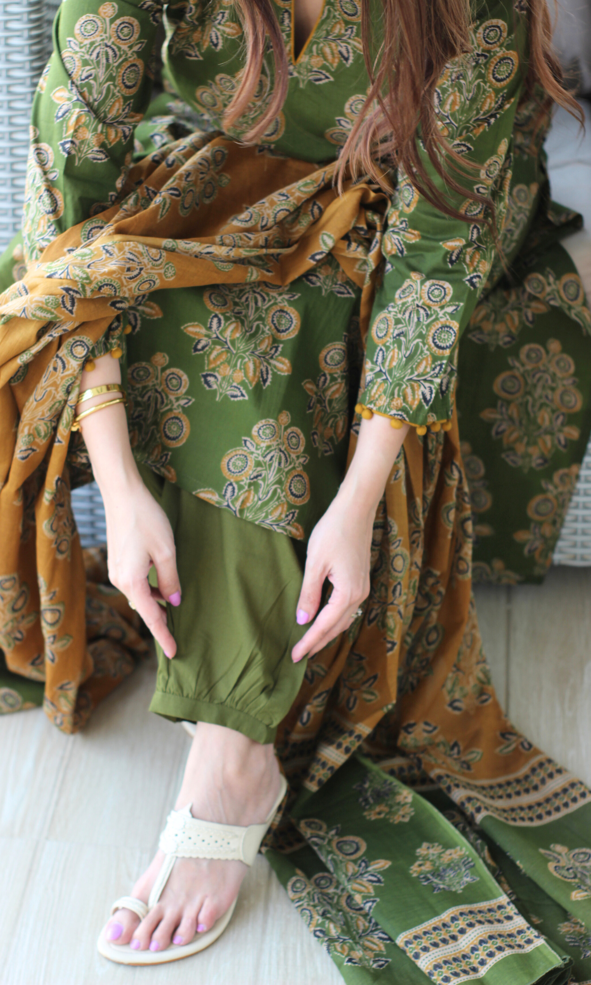 Forest Olive Ajrakh Boota Kurta, Block Print Dupatta & Cotton Afgani Pant