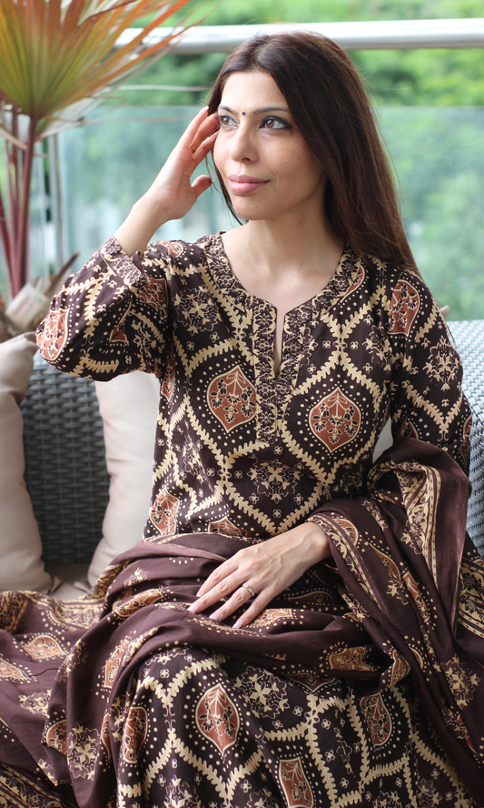 Mocha Royale Ajrakh Print Cotton Kurta, Dupatta & Plain Pants