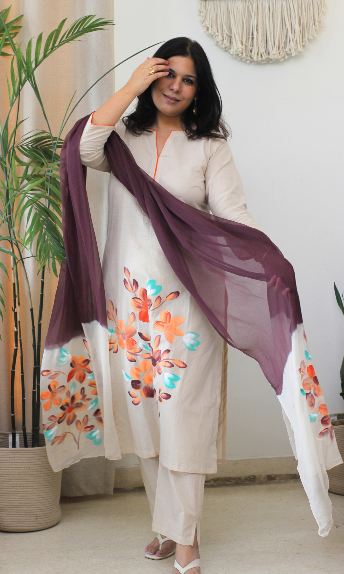 Beige & Wine Symphony Handbrush Painted Kurta, Cotton Pants & Chiffon Ombre Handpainted Dupatta