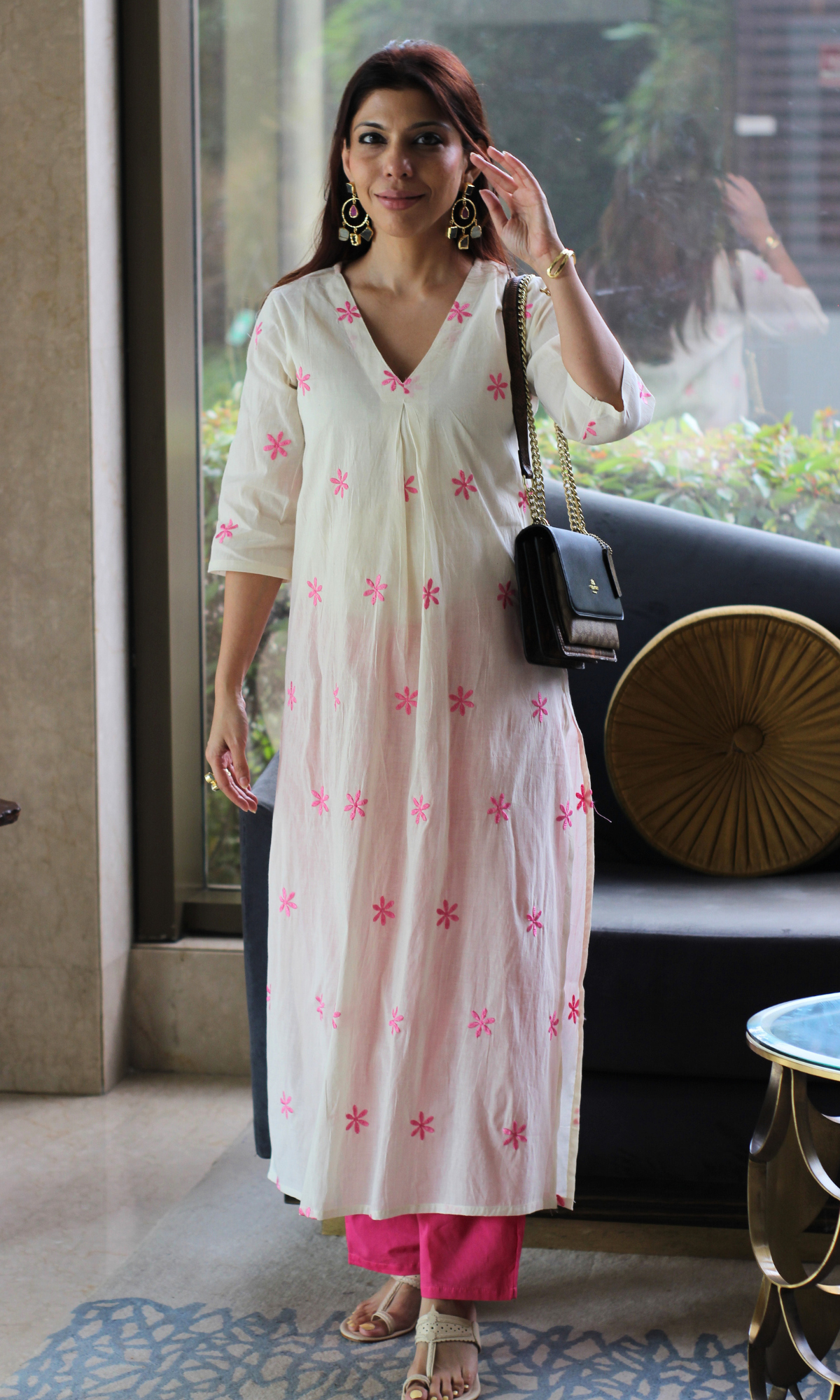 Kora Pink Flowers Embroidered Pleated Kurta & Pants