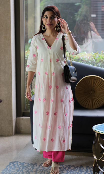 Kora Pink Flowers Embroidered Pleated Kurta & Pants