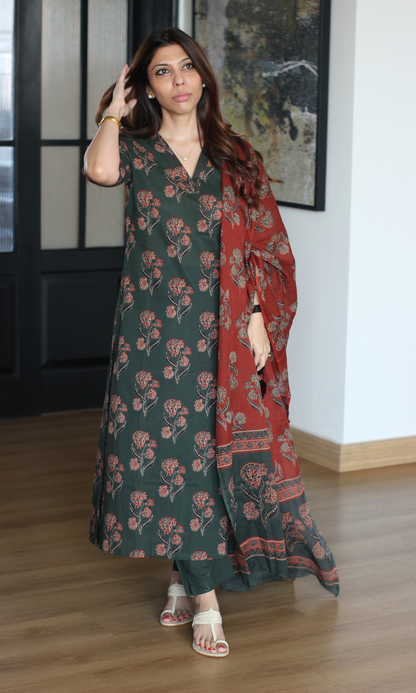 Bottle Green Ajrakh Half Sleeves Kurta , Cotton Pants with Contrast Printed Dupatta
