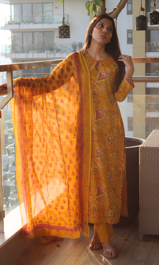 Yellow & Pink Jaal Print Cotton Kurta , Pant & Kota Doria Booti Dupatta
