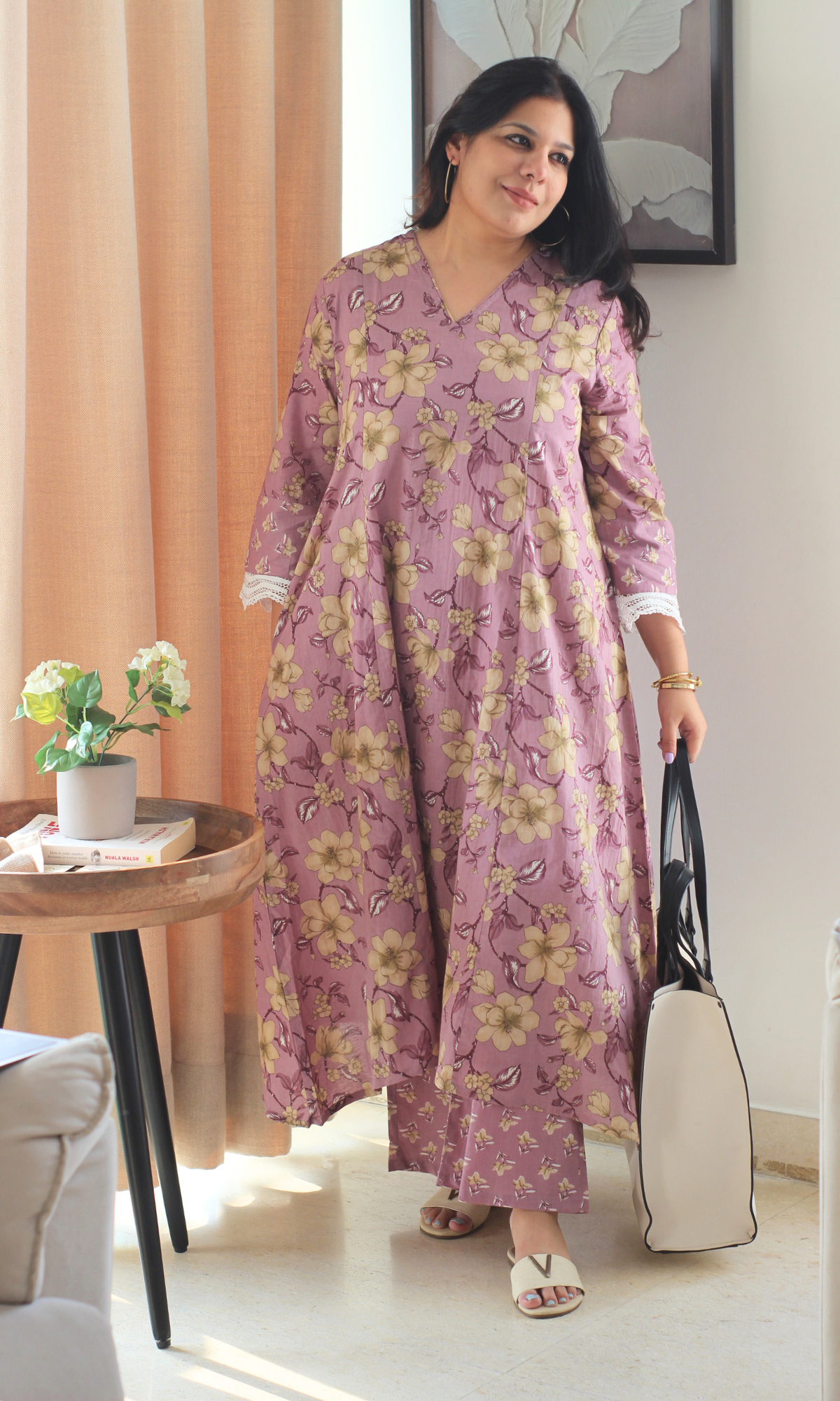 Purple Floral High Low Kurta with Palazzo