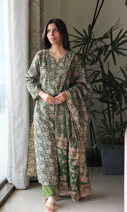 Cotton Emerald Green Handblock Kalamkari Print Kurta, Dupatta & Cotton Pants