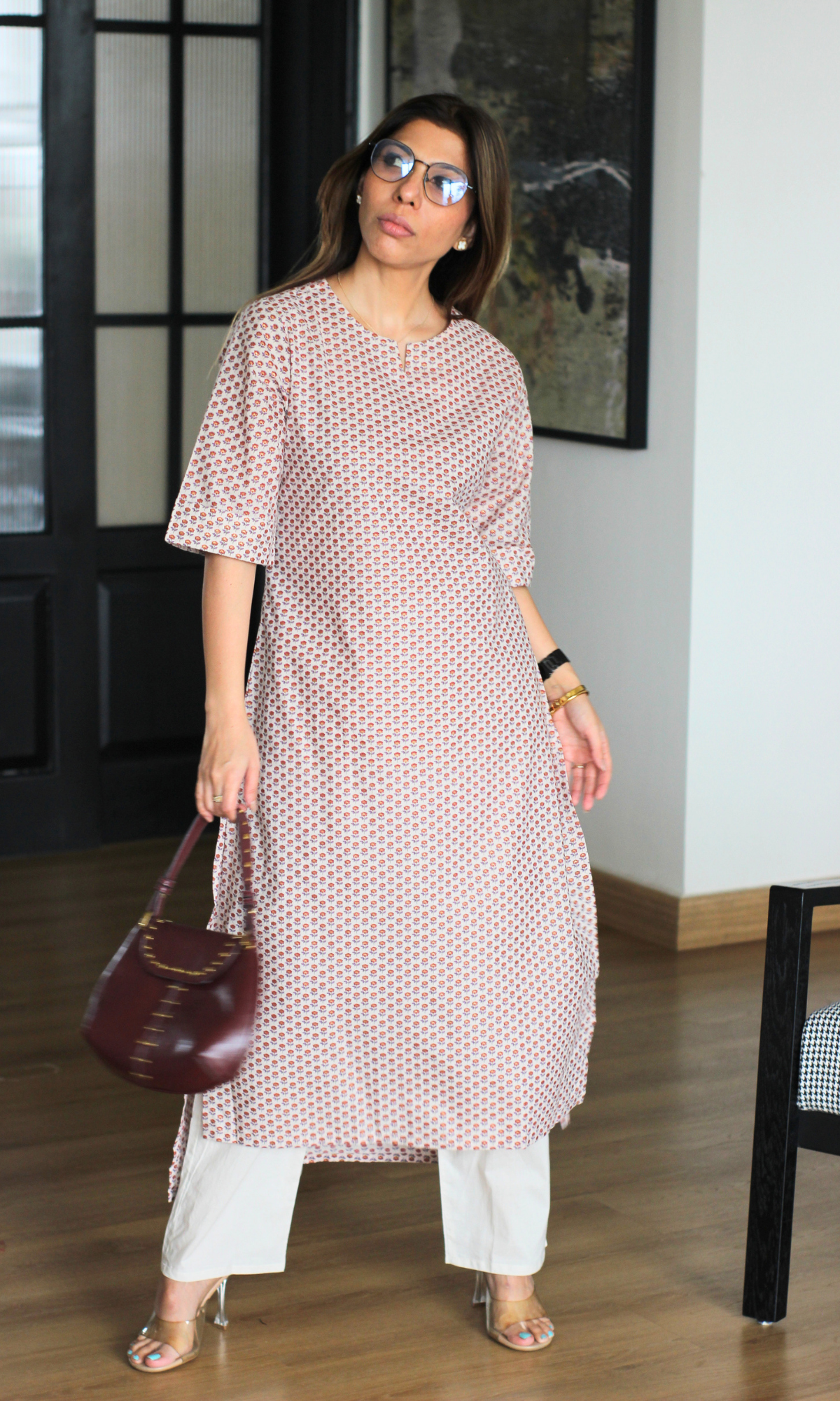 Pretty Rose Cotton Handblock Kurta with Pants