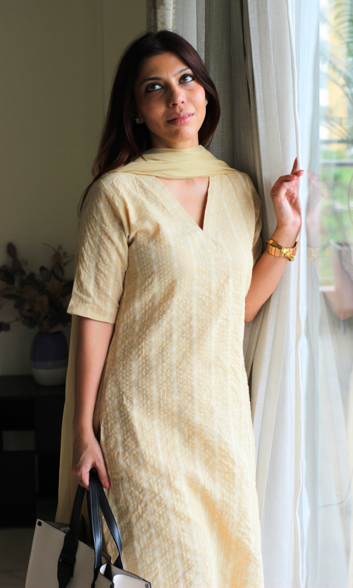 Buttermilk Beige Cotton Kantha Kurta, Pant & Chiffon Dupatta