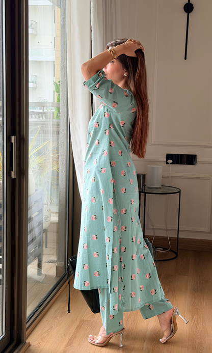Sea Green Rose High Low Kurta and Pants