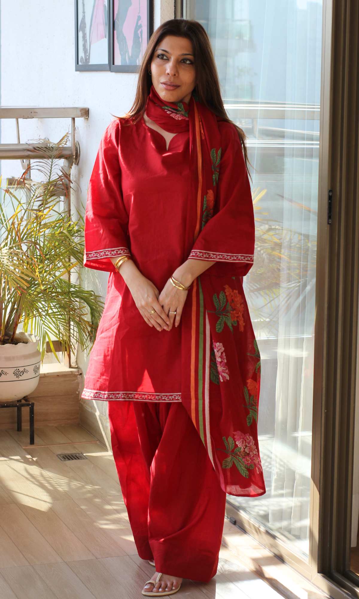 Cotton Red Heena Kurta, Farshi Salwaar & Printed Mul Dupatta