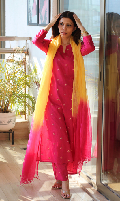 Fuscia Pink Cotton Woven Dobby Kurta , Pant & Ombre Kota Doria Dupatta