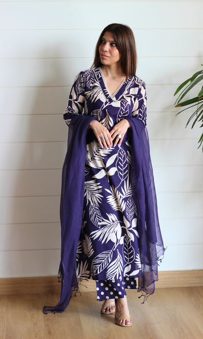 Twilight Purple Big Leaf Kurta, Polka Pants & Kota Doria Dupatta