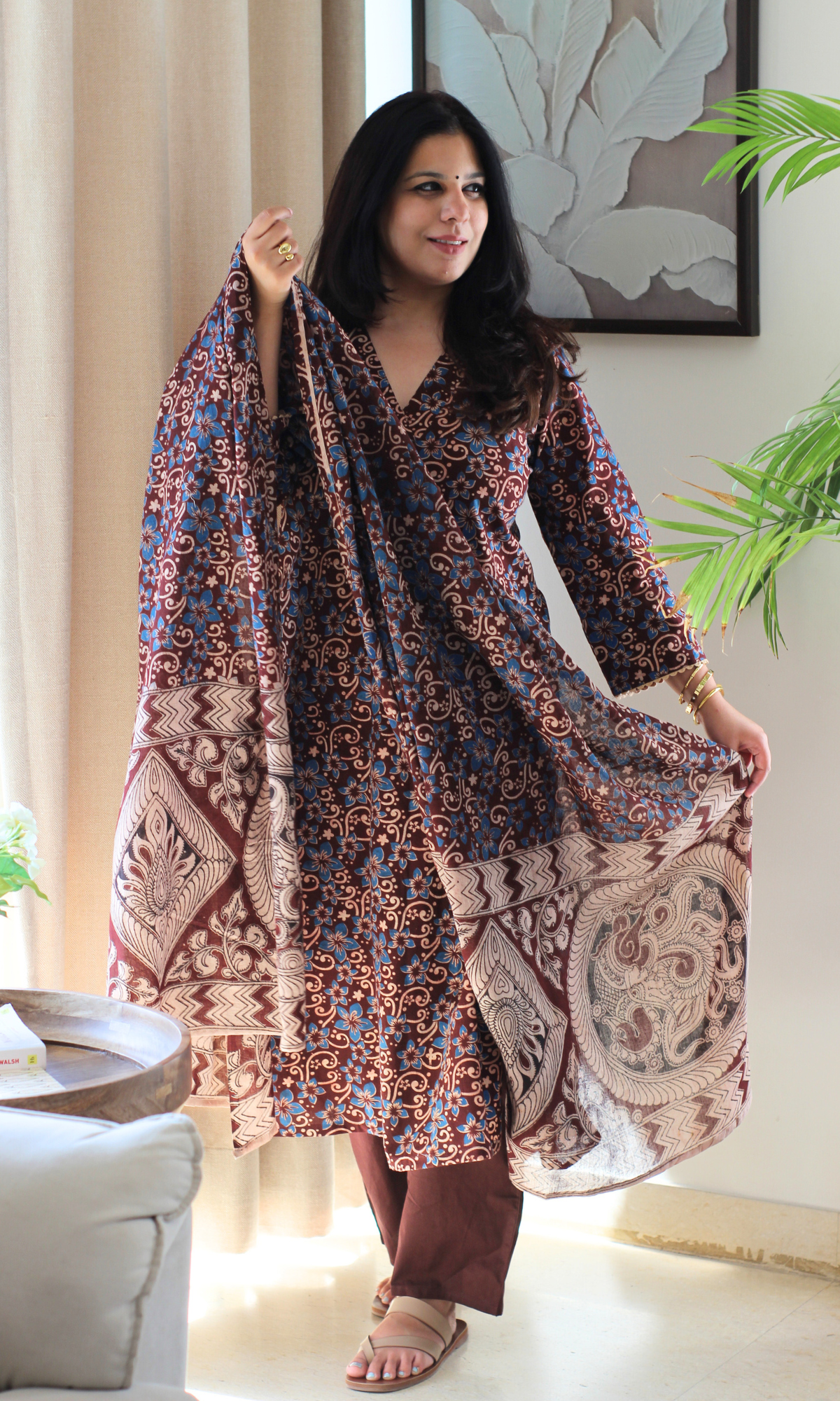 Brick Rust & Blue Handblock Kalamkari Kurta , Dupatta & Cotton Pants