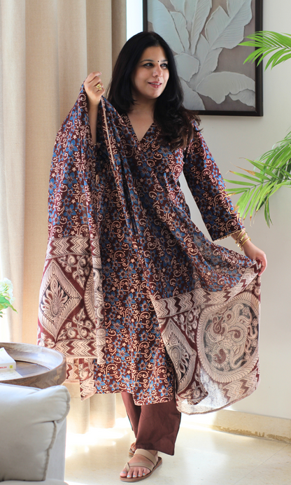 Brick Rust & Blue Handblock Kalamkari Kurta , Dupatta & Cotton Pants