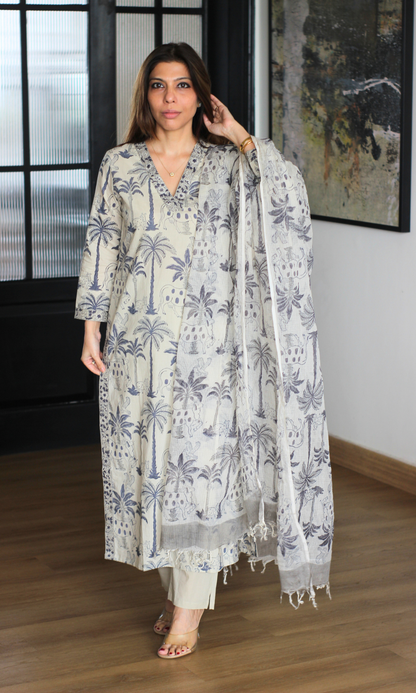 Neelika Palm Handblock Print  Kurta, Cotton Pant and Kota Doria Printed Dupatta