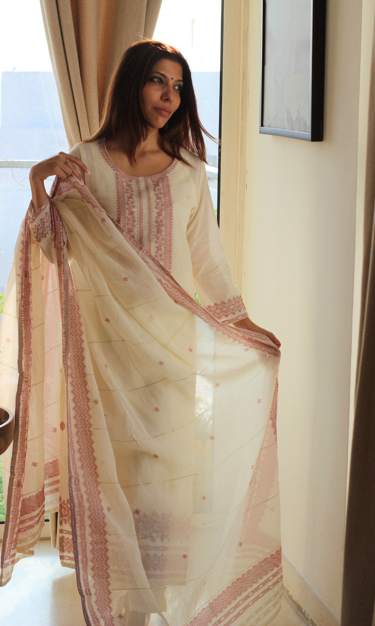 Cotton Off White & Red Woven Thread Work Kurta and Dupatta
