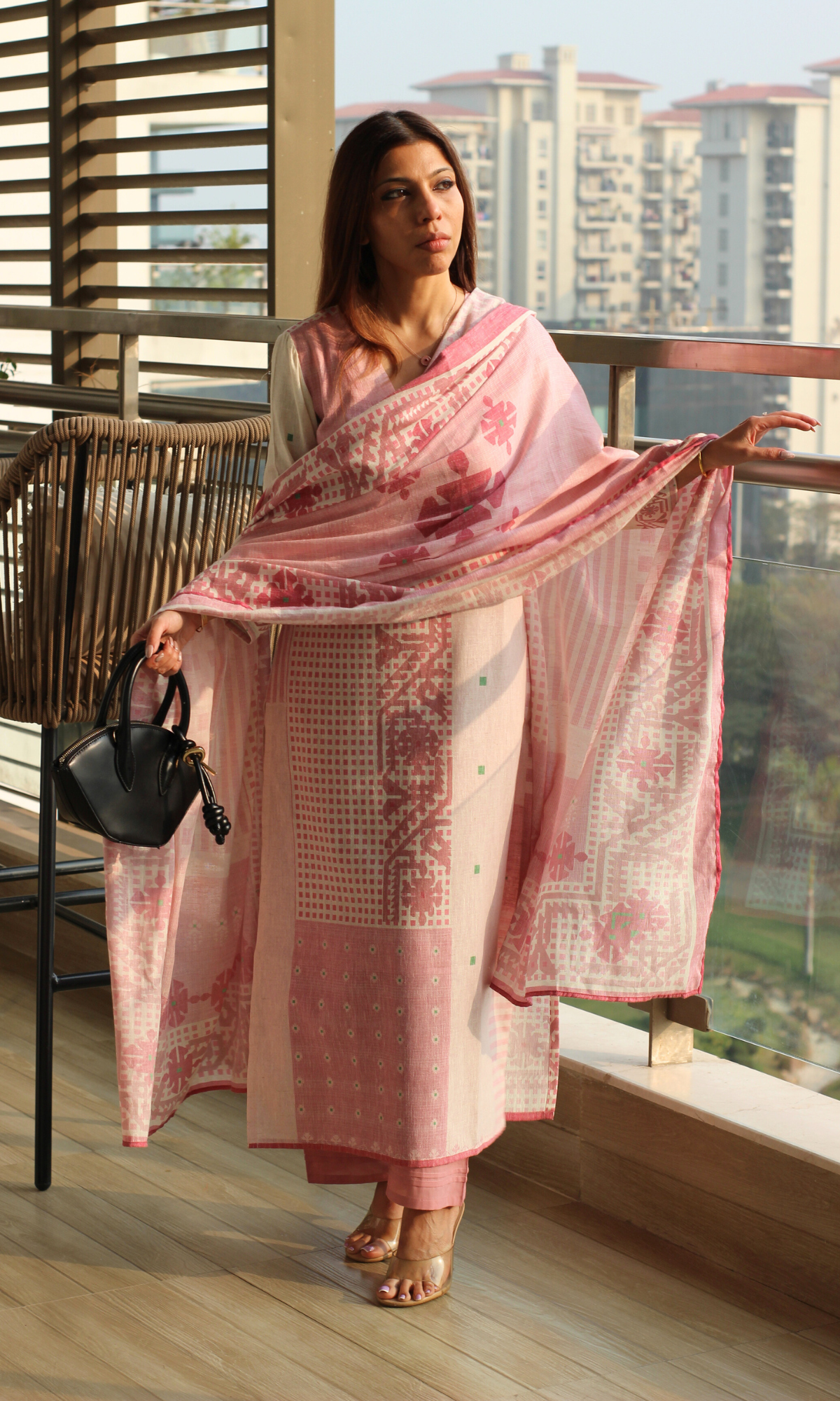 Linen Blend Rosa Sukoon Printed Kurta, Dupatta & Cotton Pants