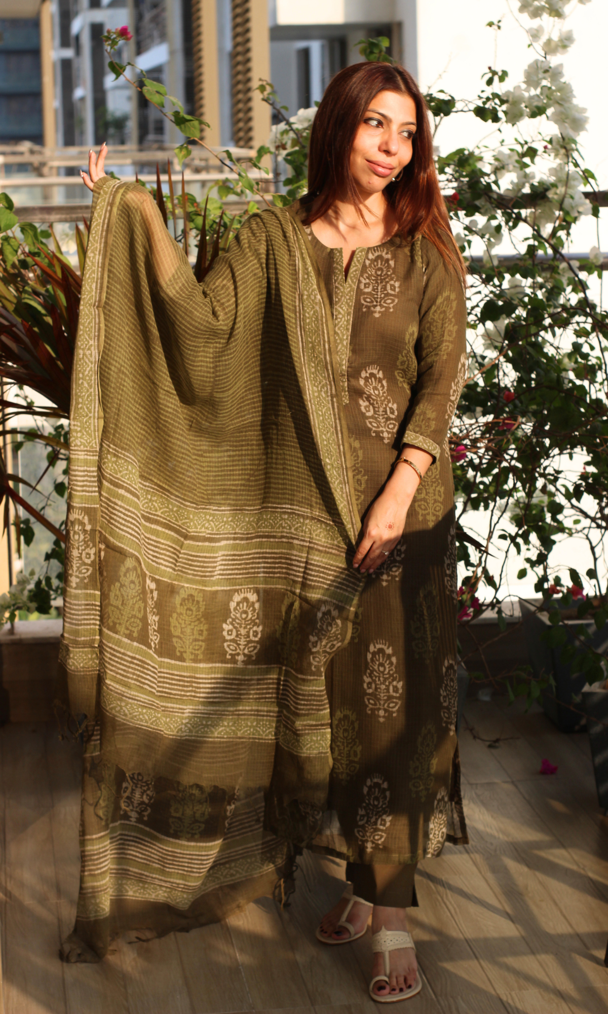 Kota Doria Olive Green Handblock Print Kurta and Dupatta with Cotton Pants