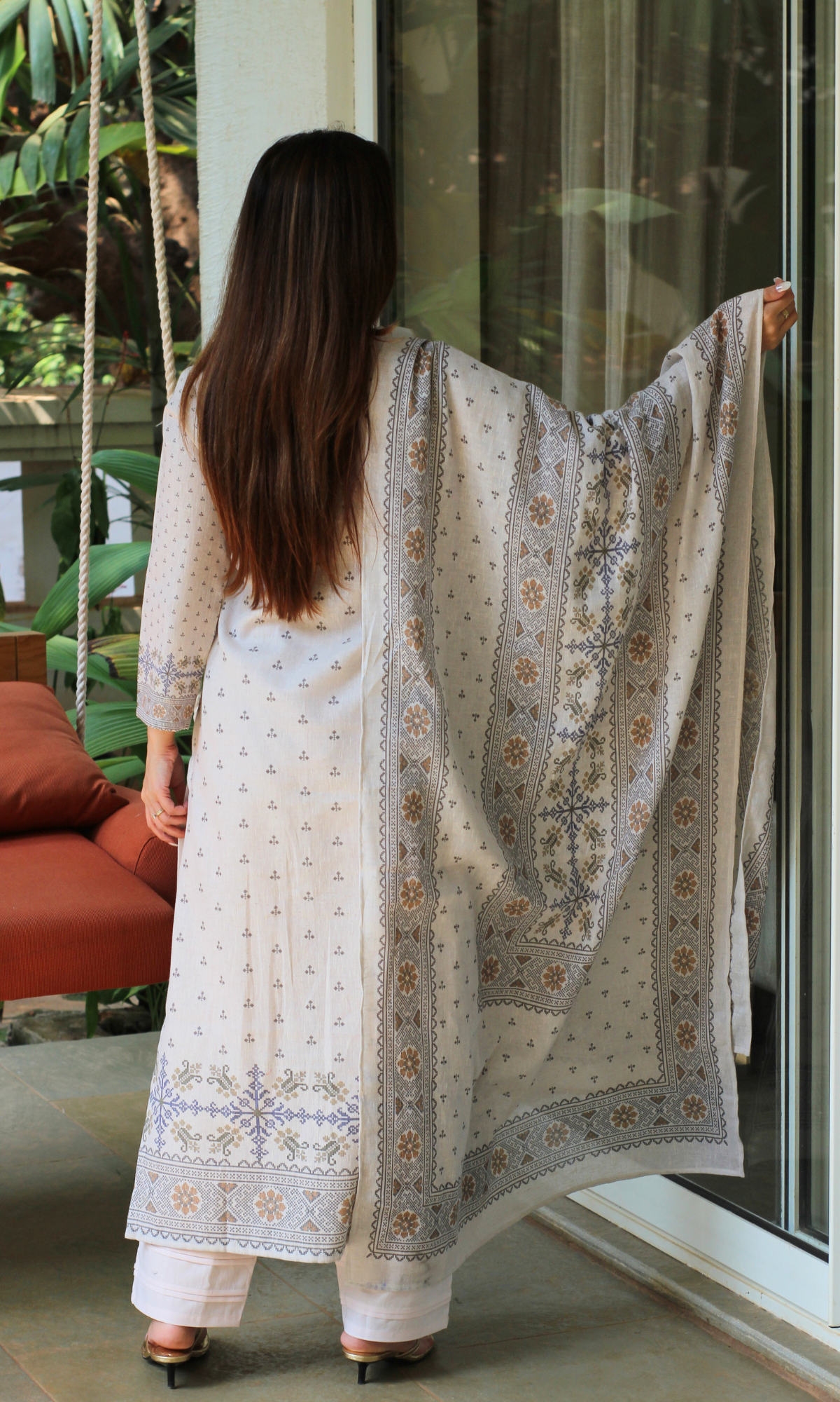 Linen Blend Ivory Calm Mosaic Kurta , Dupatta with Cotton Pants