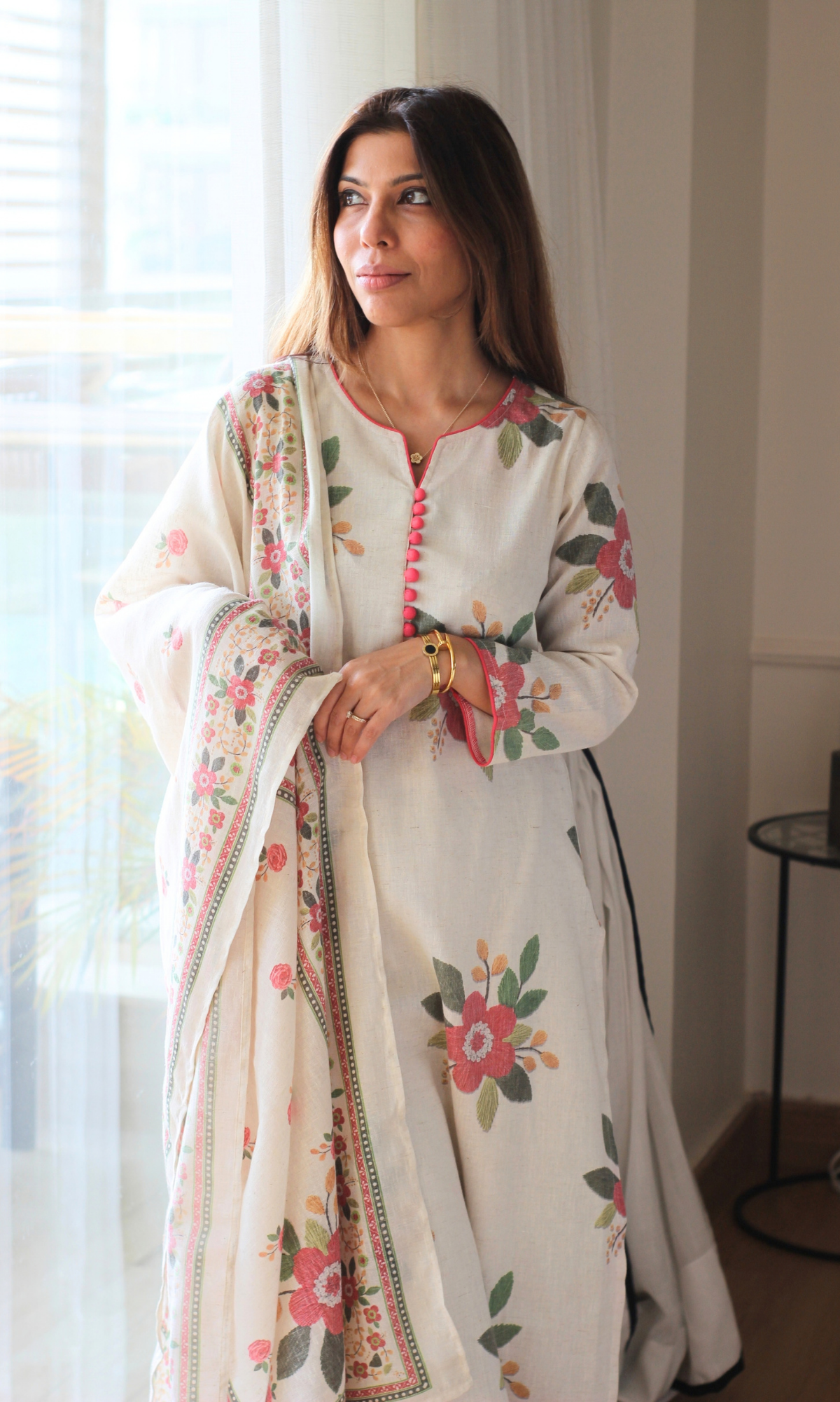 Ivory Cotton Rose Pink Floral Print Kurta, Pants & Dupatta