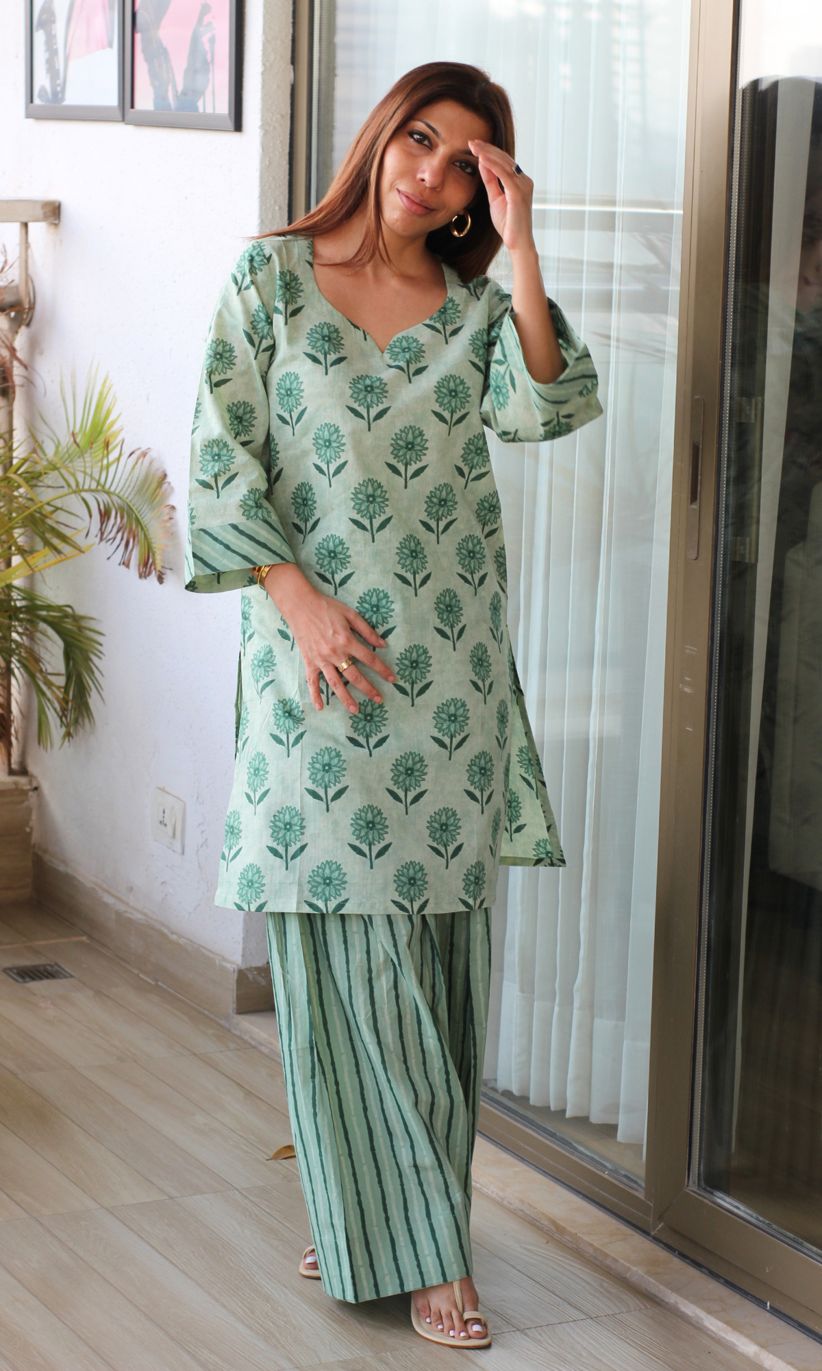 Earthy Mint Floral Kurta with Farshi Salwaar