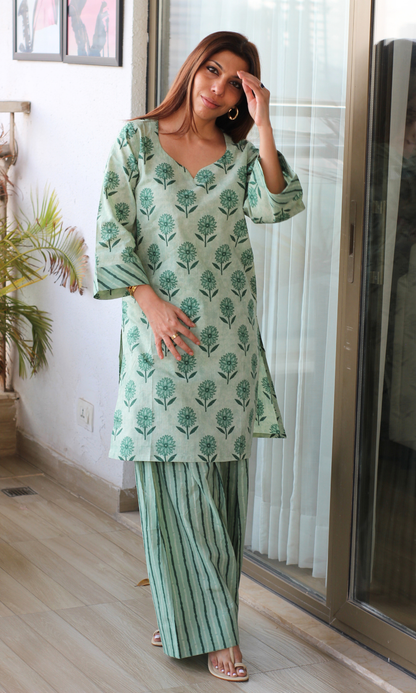 Earthy Mint Floral Kurta with Farshi Salwaar