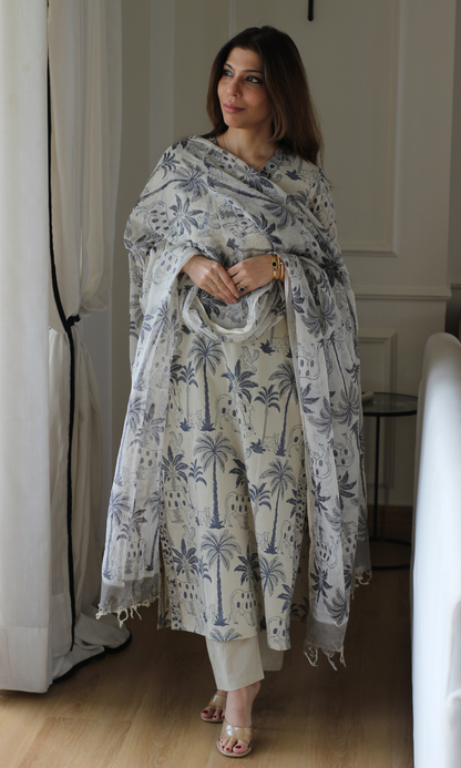 Neelika Palm Handblock Print  Kurta, Cotton Pant and Kota Doria Printed Dupatta