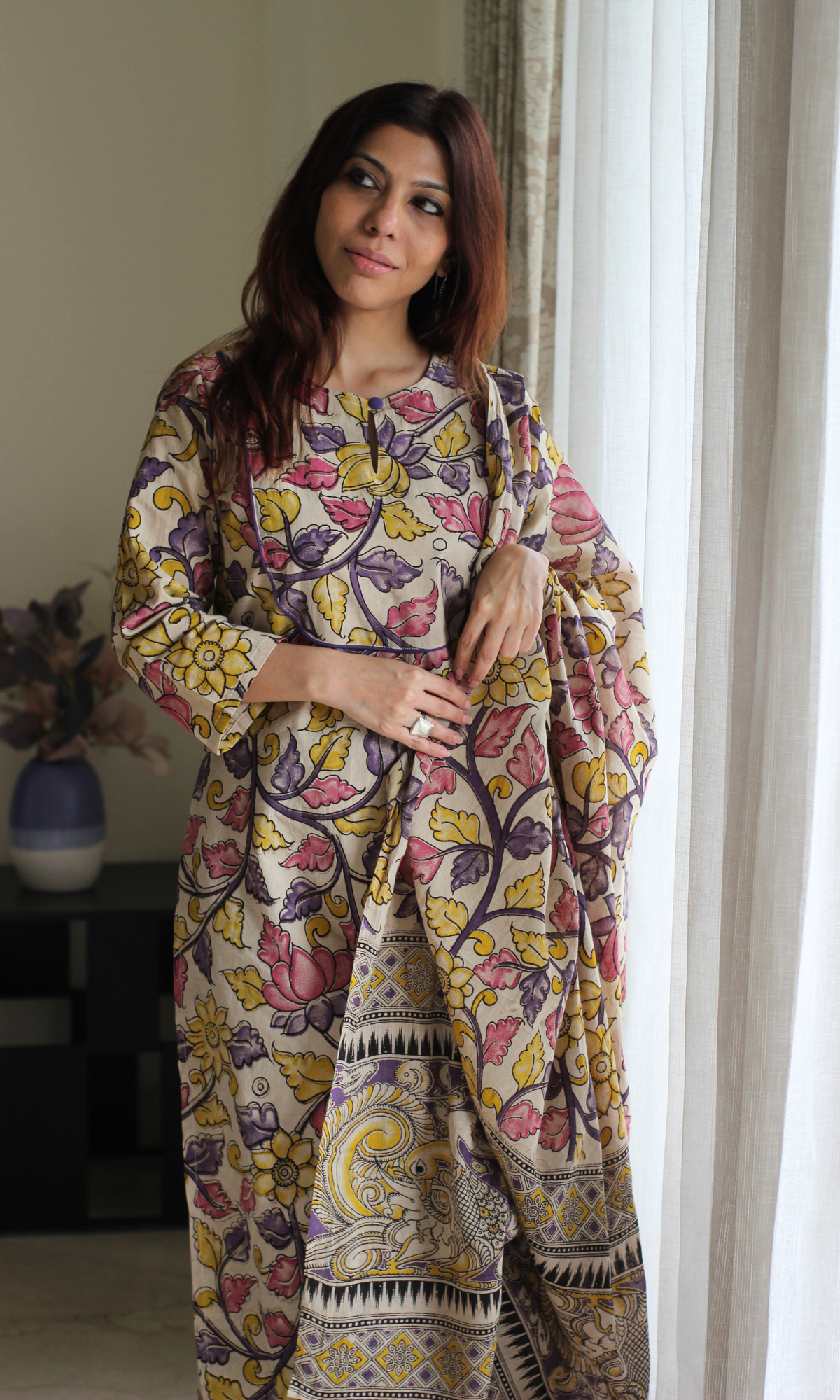 Kavya Purple Handblock Kalamkari Kurta, Dupatta & Cotton Pants