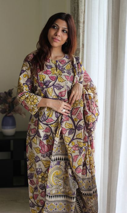 Kavya Purple Handblock Kalamkari Kurta, Dupatta & Cotton Pants