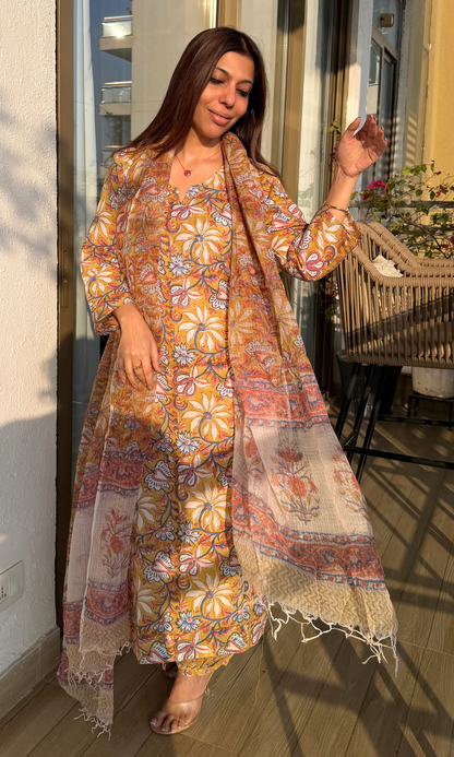 Cotton Handblock Deep Yellow Suit Set with Printed Kota Dupatta