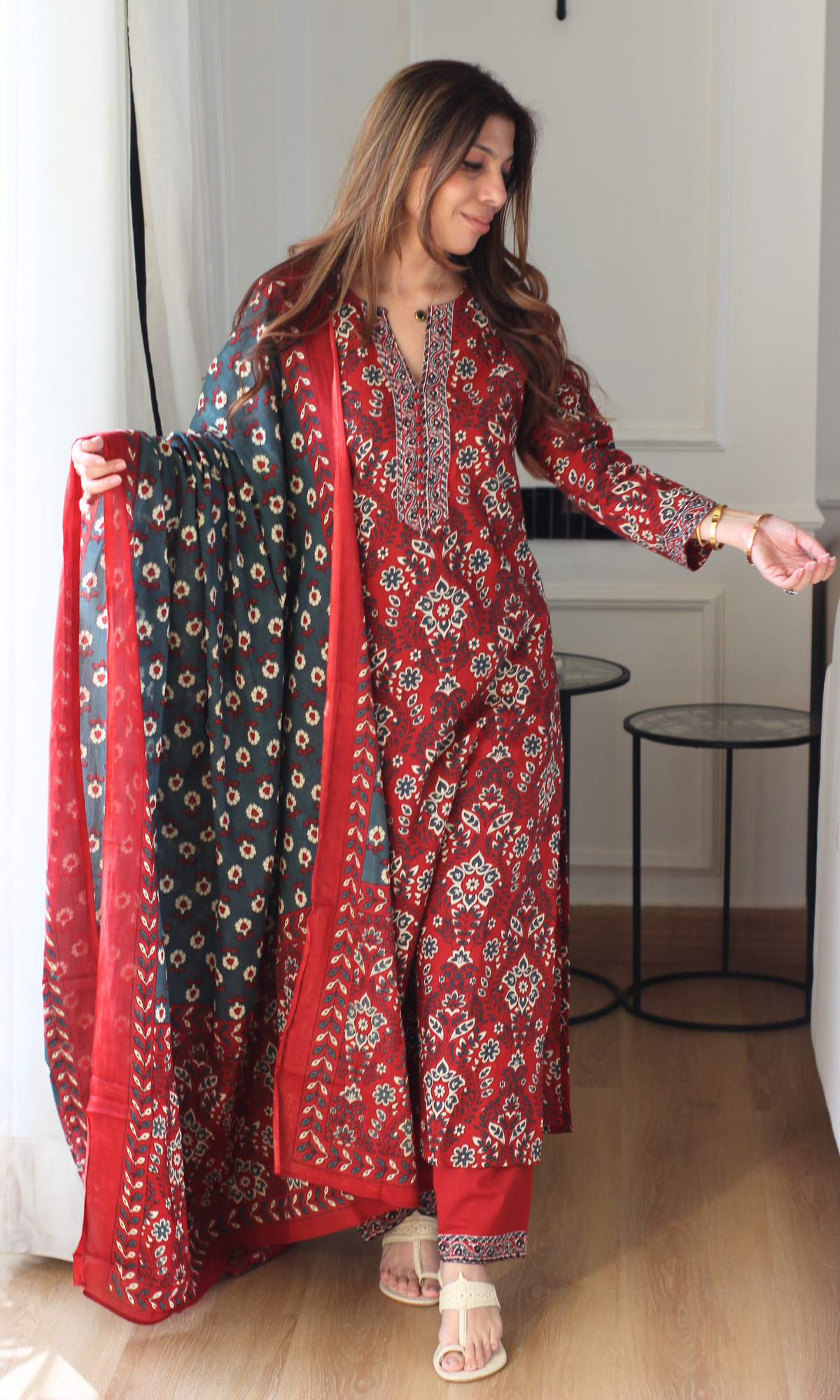 Surkh Ajrakh Block Print Kurta, Dupatta & Cotton Pants