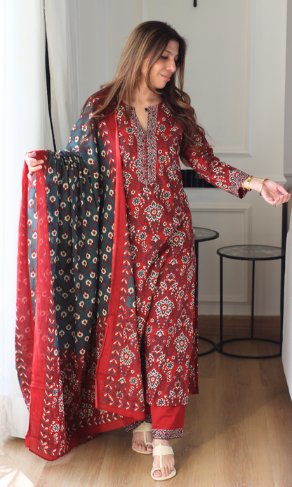Surkh Ajrakh Block Print Kurta, Dupatta & Cotton Pants
