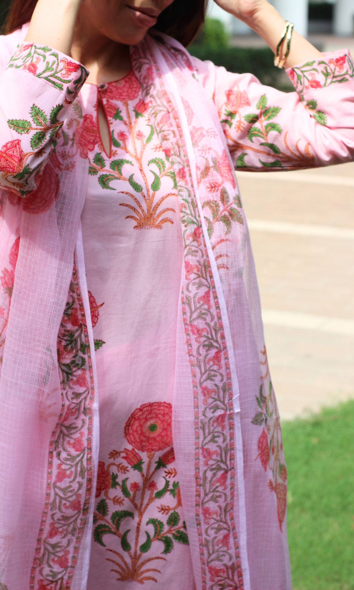 Pink Handblock Mughal Print Cotton Kurta, Pant & Kota Doria  Dupatta