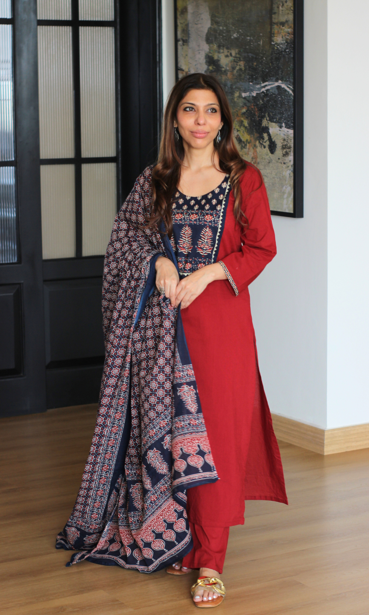 Cotton Red Ajrakh Motif Neck Kurta, Pant with Printed Dupatta