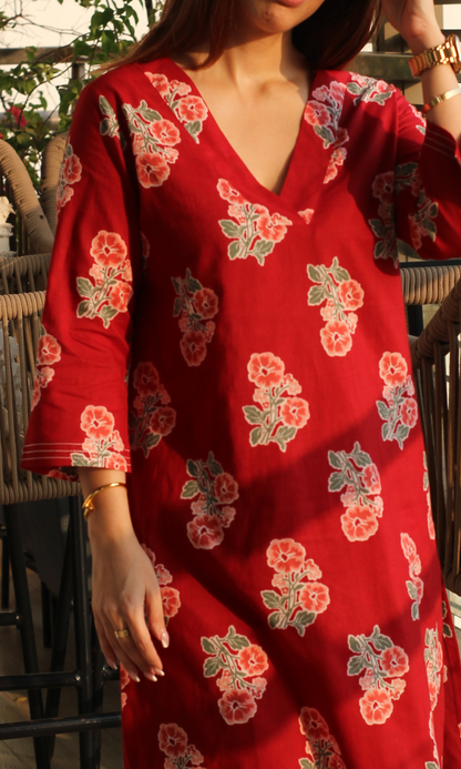 Poppy Red Flower Block Print Kurta & Pant