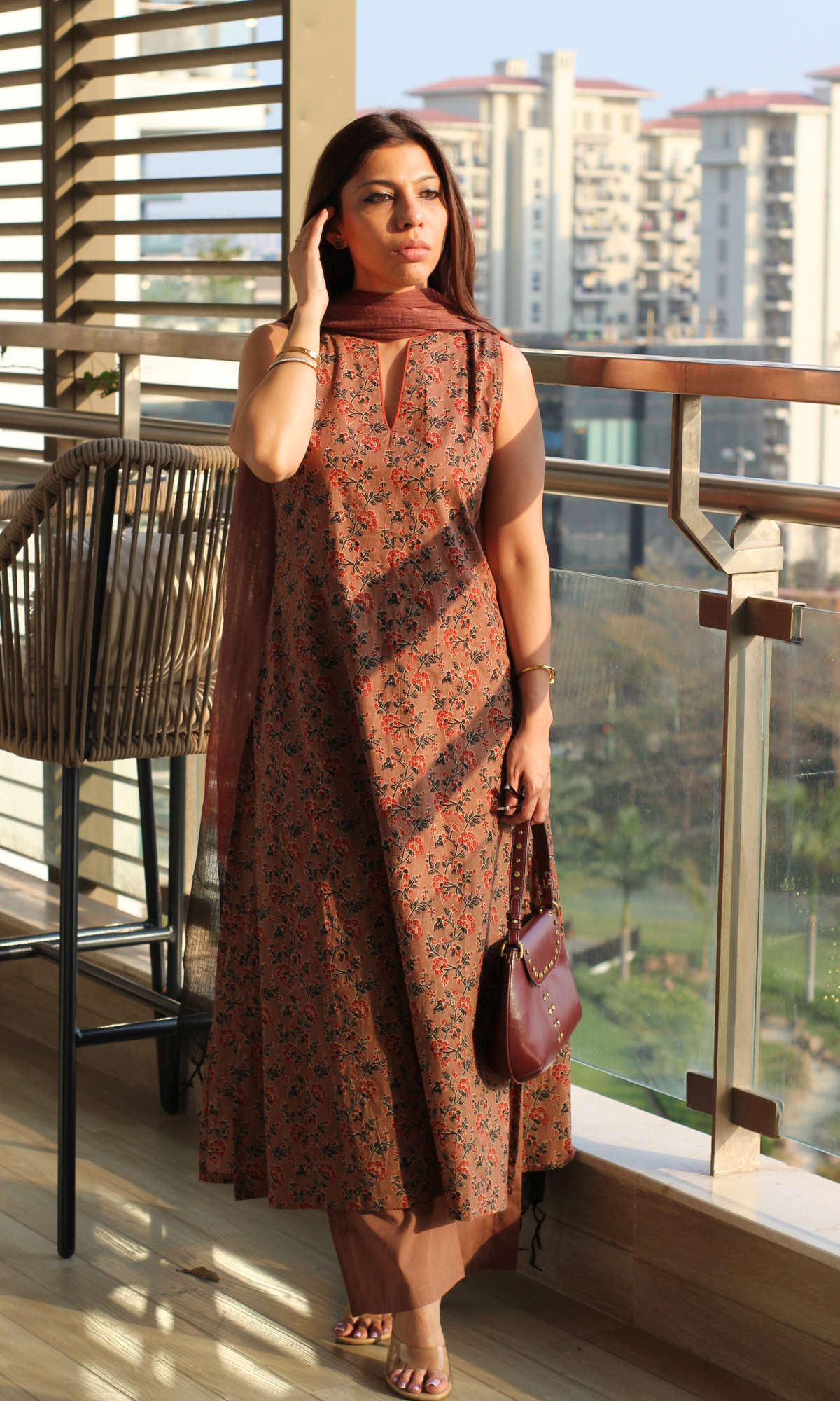 Cotton Walnut Sunset A-line Kurta, Pants & Ombré Kota Doria Dupatta