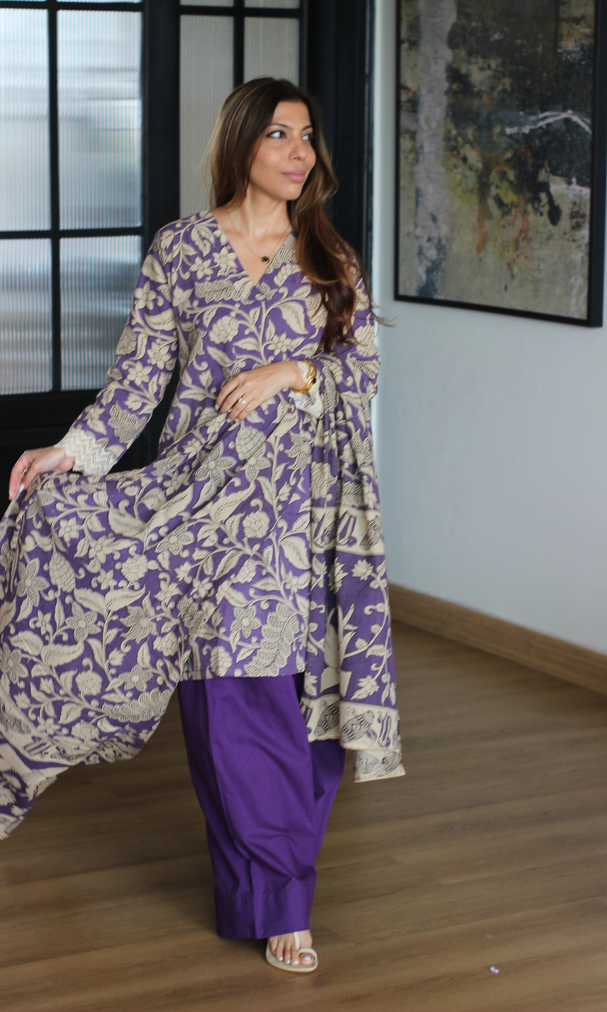 Orchid Kalamkari Kurta,Dupatta & Cotton Farshi Salwaar