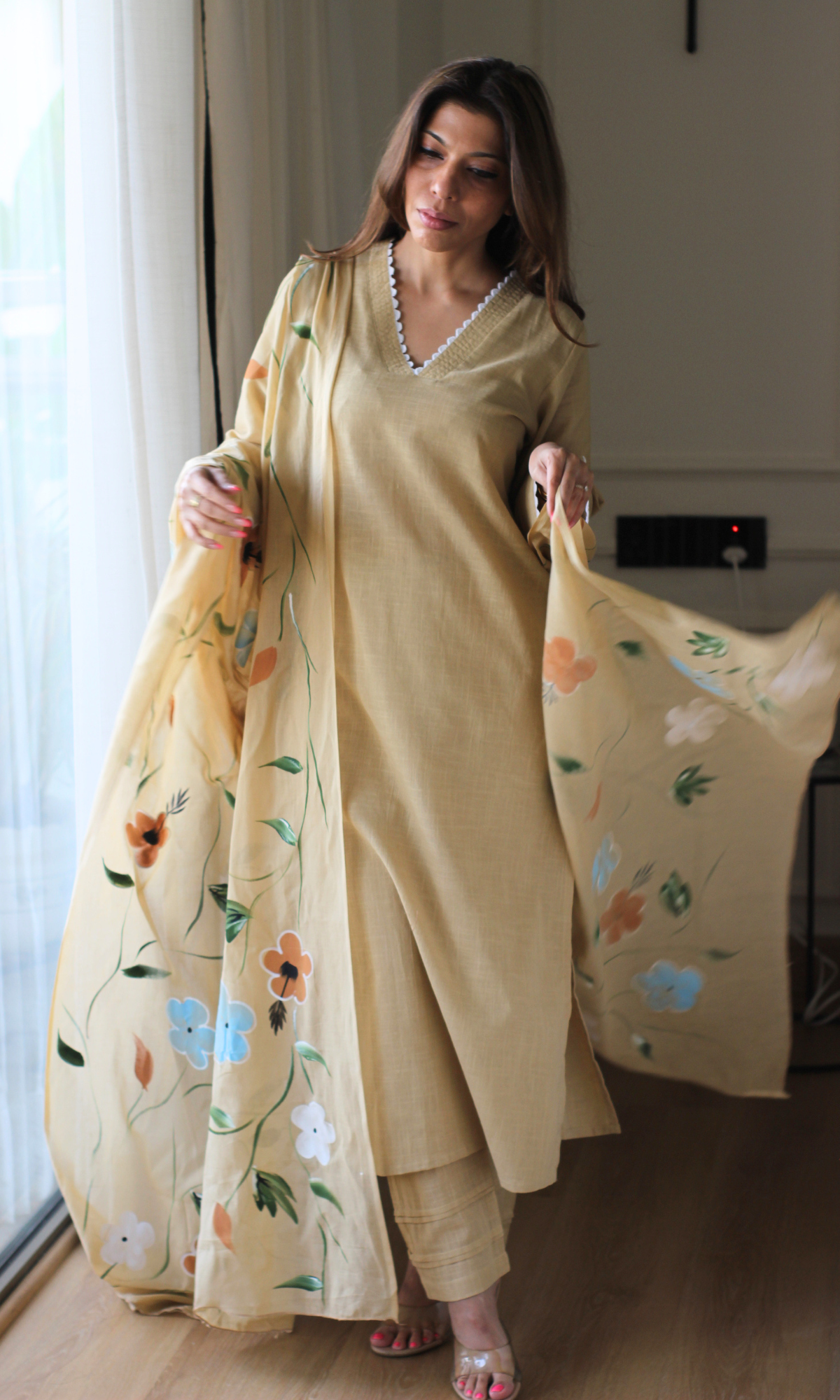 Wheat Slub Cotton Kurta with Pant & Mul Handpainted Dupatta