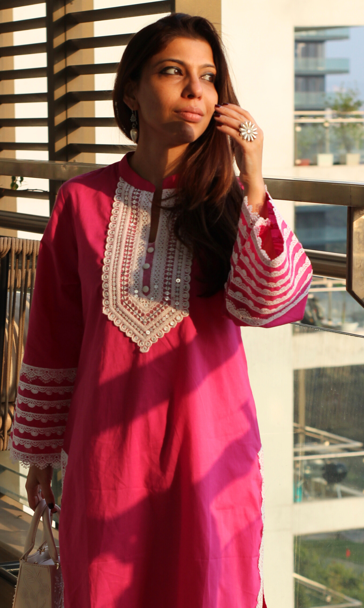 Hot Pink Afreen Thread Lace Work Cotton Kurta & Farshi Salwaar