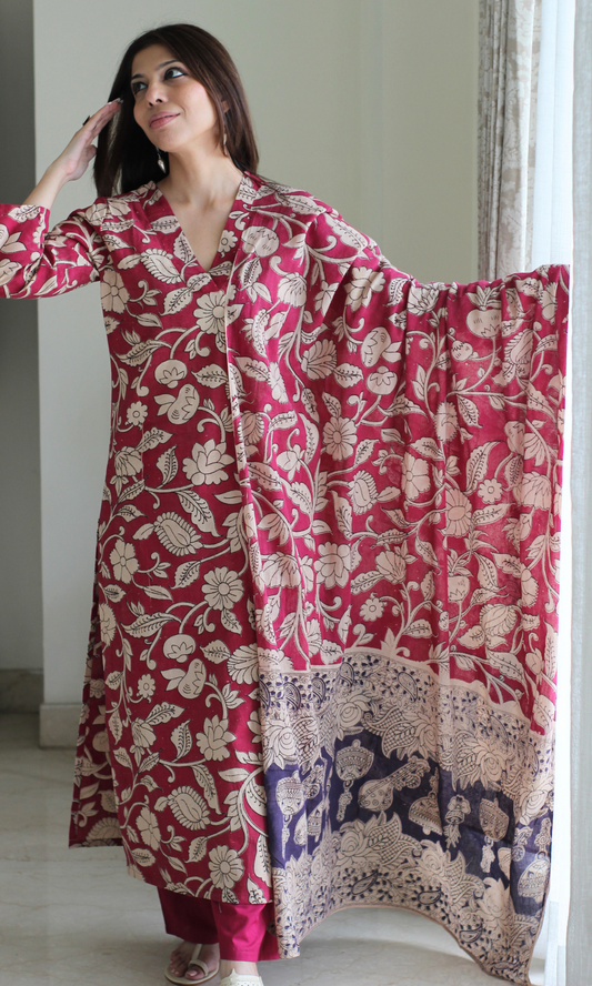 Rani Pink Hamdblock Kalamkari Cotton Kurta, Dupatta & Cotton Pants