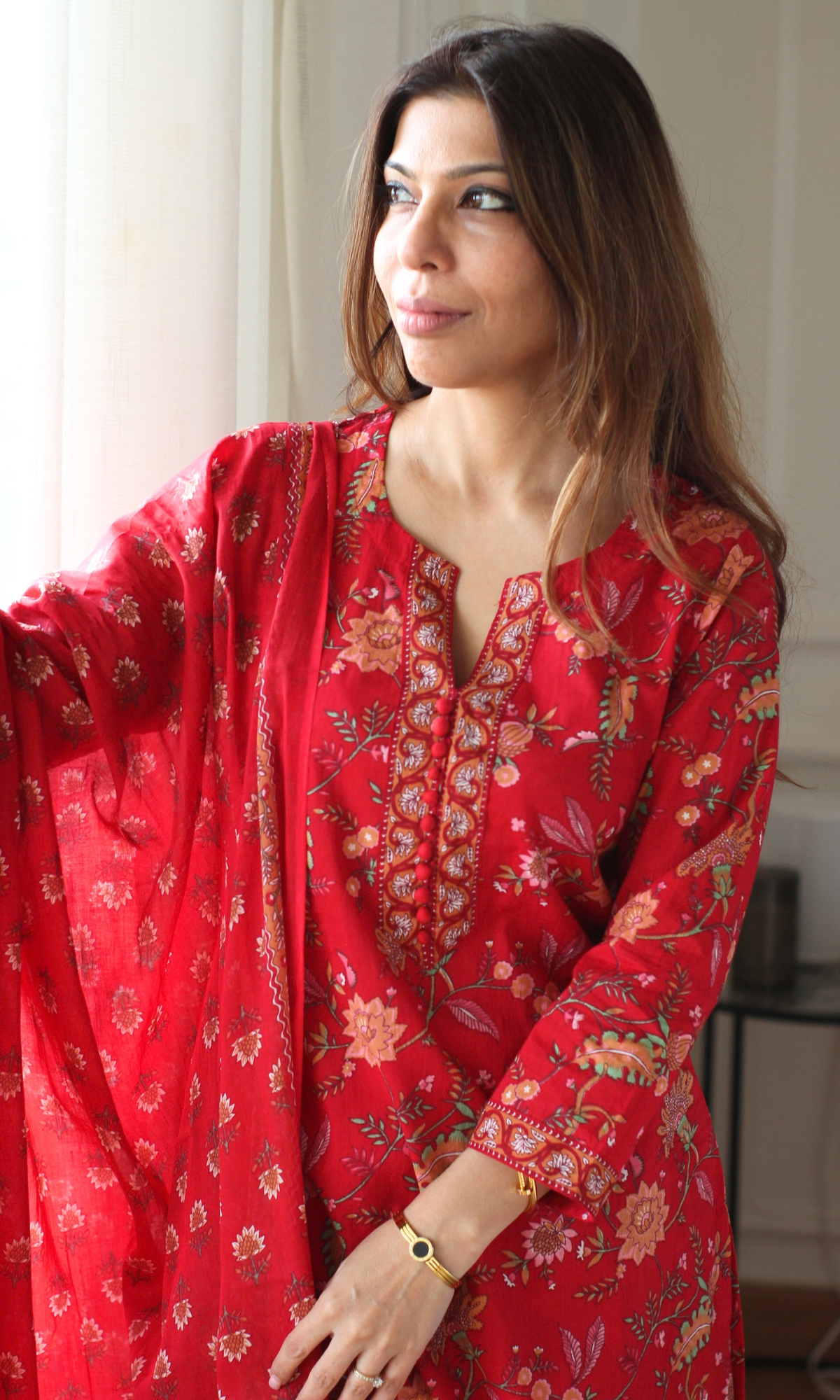 Gulbarg Lal Block Print Kurta, Dupatta & Cotton Pants