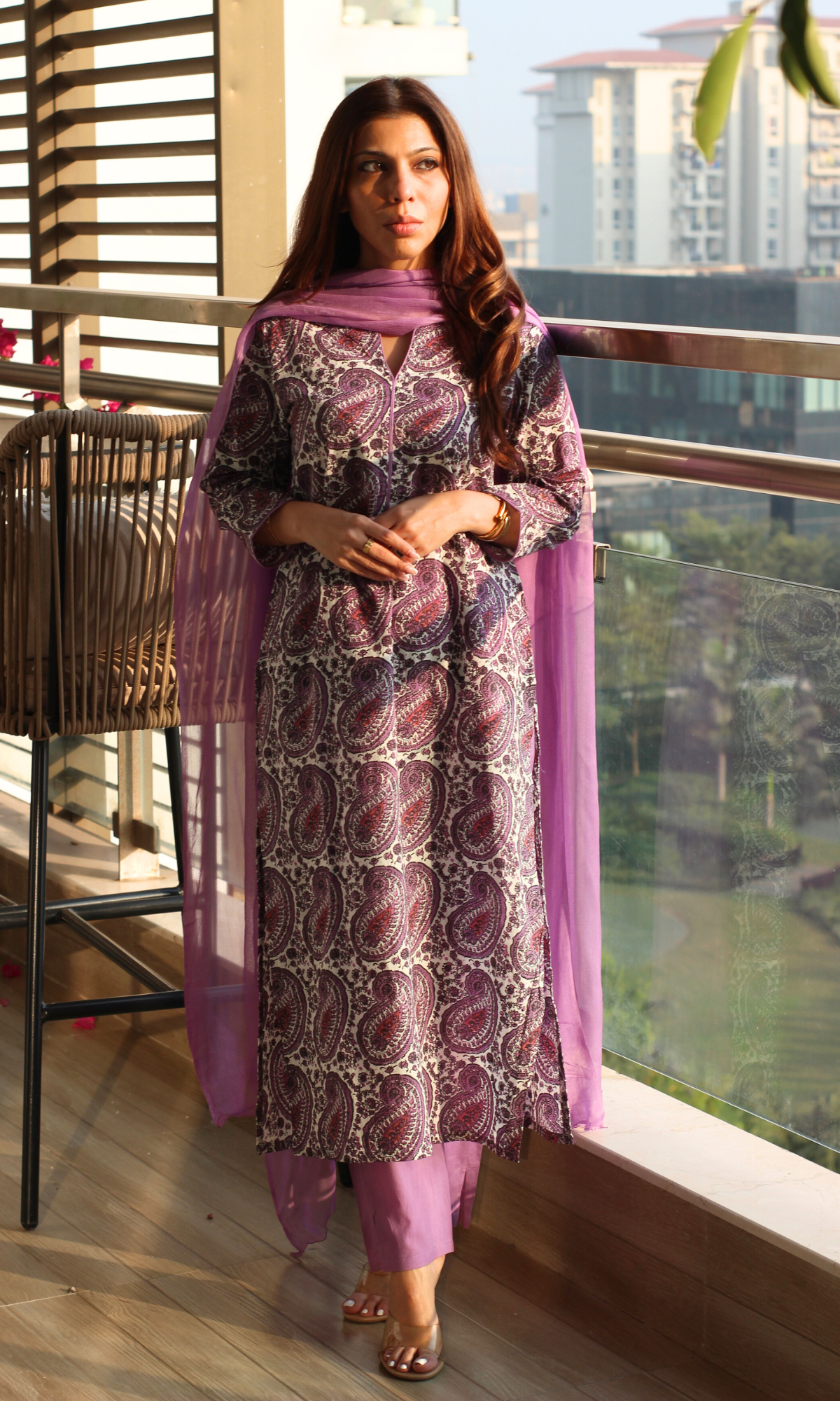 Cotton Lilac Paisley Printed Kurta, Cotton Pants & Chiffon Dupatta