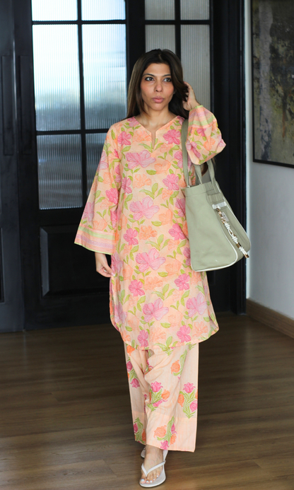 Spring Peachy Floral Block print Kurta & Farshi Salwaar