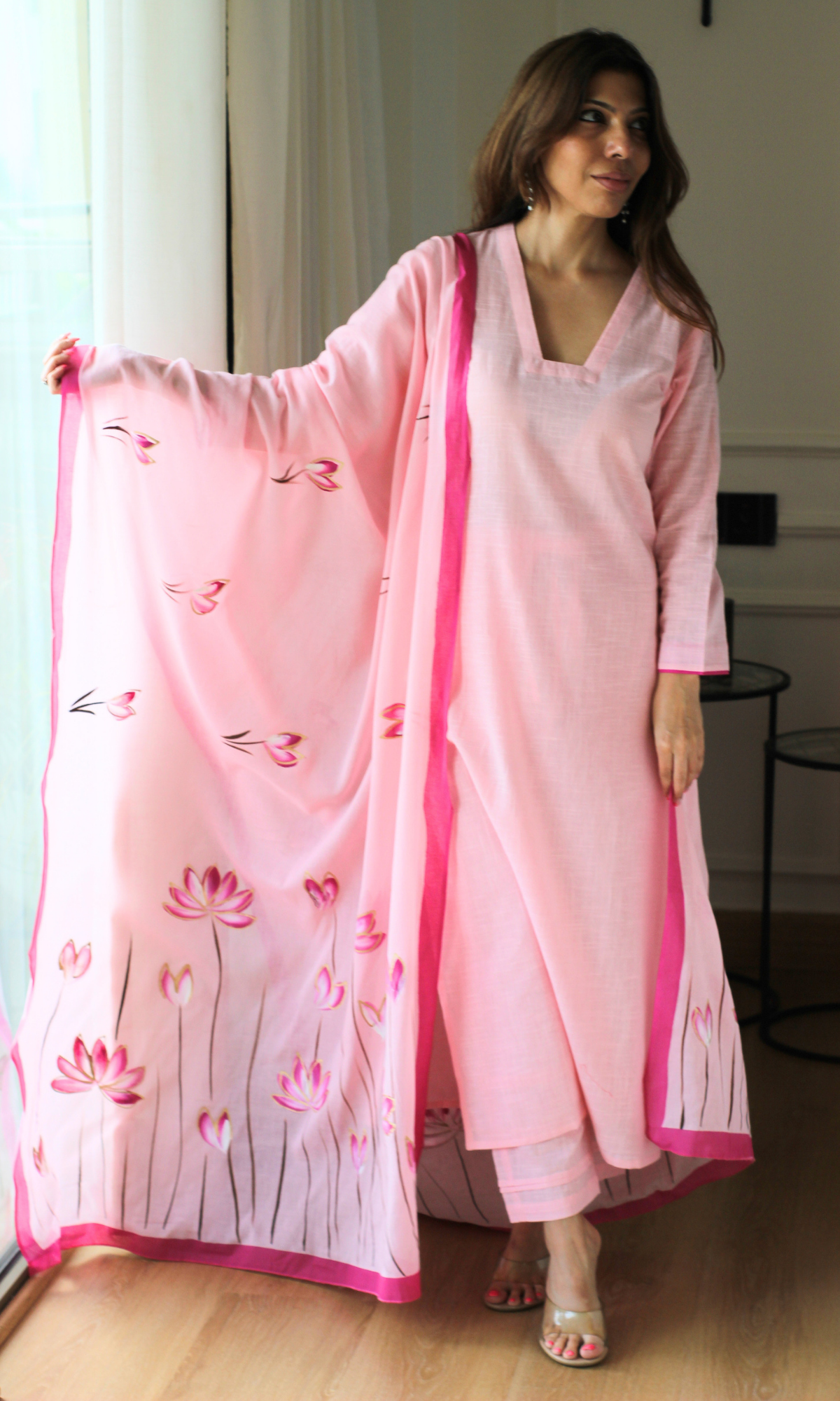 Cotton Slub Pink Lily Kurta, Pant & Mul Handpainted Dupatta