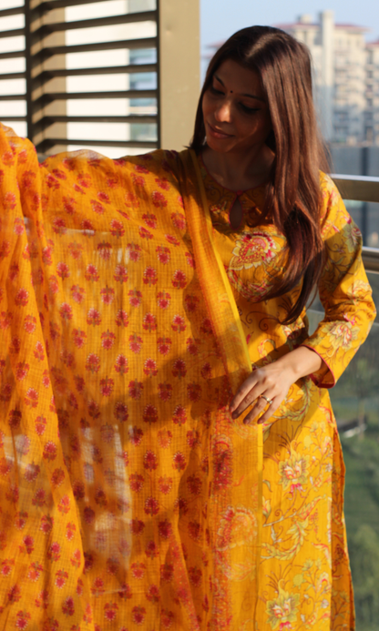 Yellow & Pink Jaal Print Cotton Kurta , Pant & Kota Doria Booti Dupatta