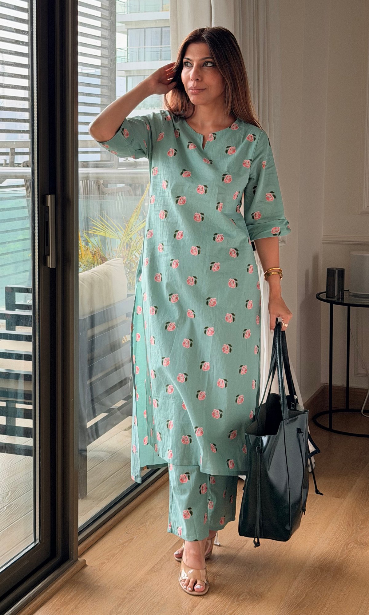 Sea Green Rose High Low Kurta and Pants
