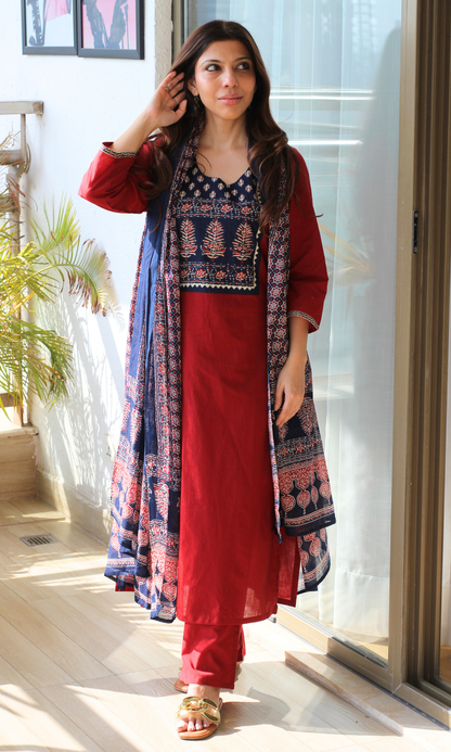 Cotton Red Ajrakh Motif Neck Kurta, Pant with Printed Dupatta