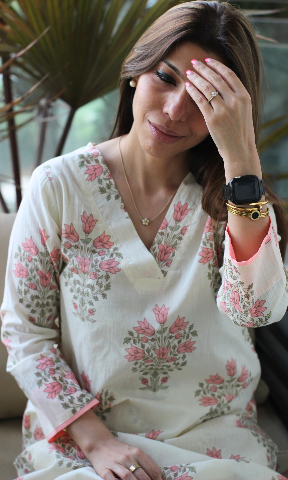 Cotton Off White & Peach Mughal Print Kurta & Pant